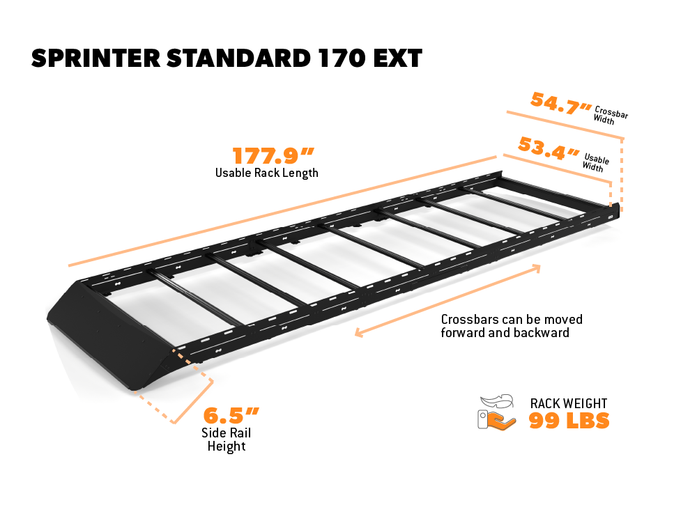 Sprinter 170" EXT Standard Roof Rack dimensions diagram