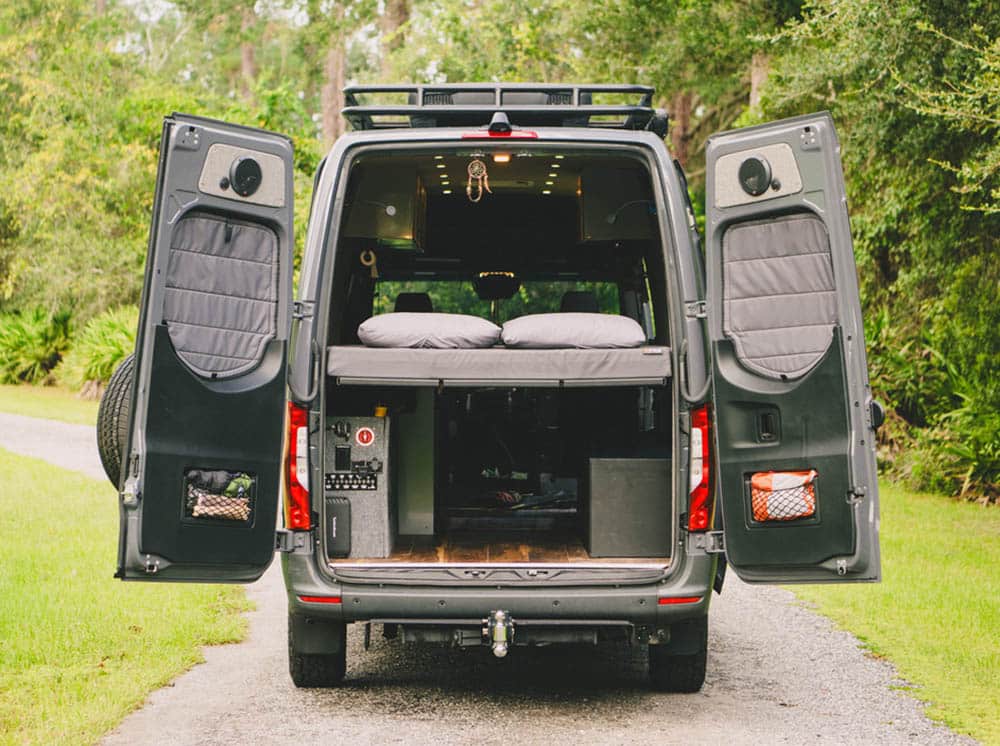 Flatline bed system installed in a Sprinter adventure van