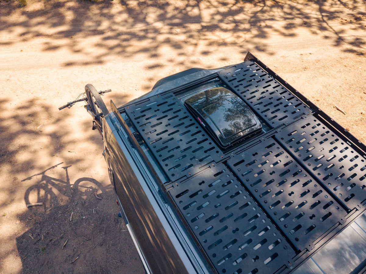 Decking panels around a roof fan on a Ford Transit Low Pro roof rack