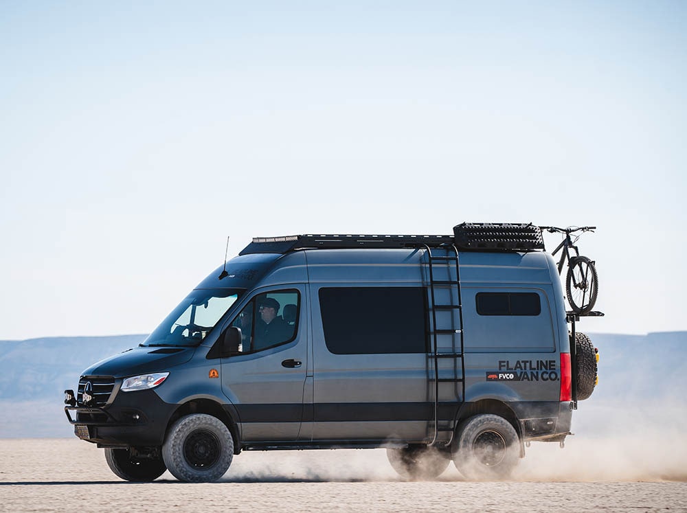 Mercedes Sprinter high roof camper van with Flatline Wheel Wrap Side Ladder