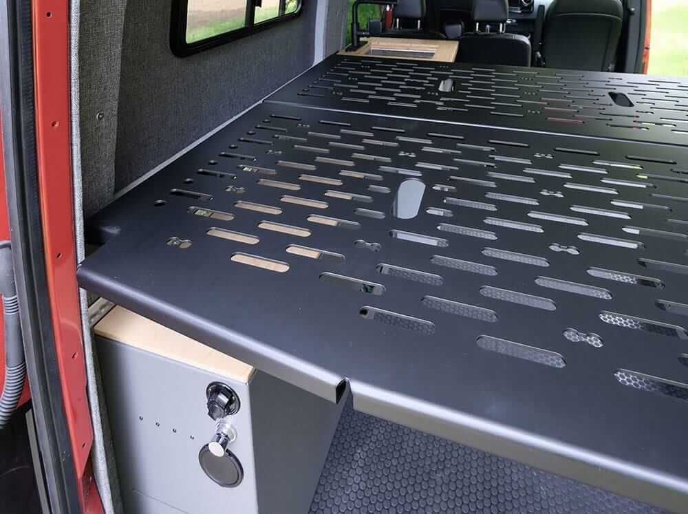 Removable aluminum bed panels on the Flatline Sprinter bed system