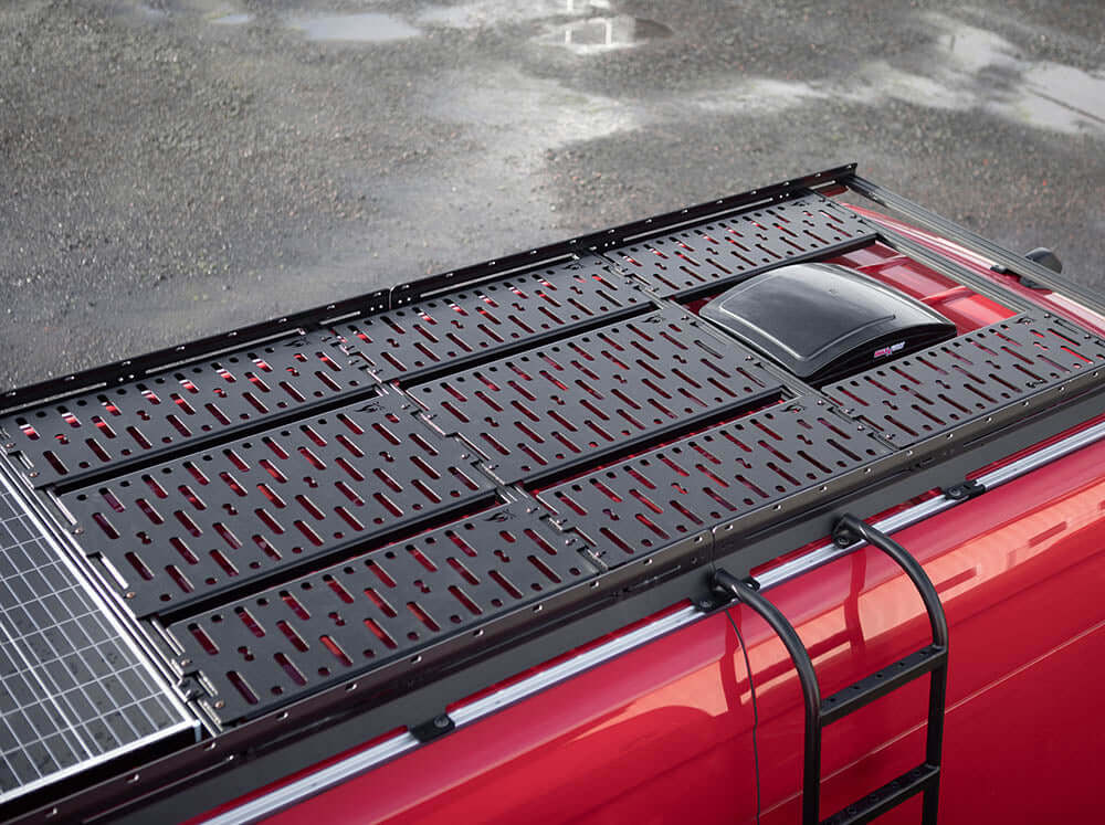 Universal decking panels installed on a Sprinter Low Pro roof rack