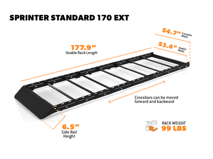 Sprinter 170" EXT Standard Roof Rack dimensions diagram