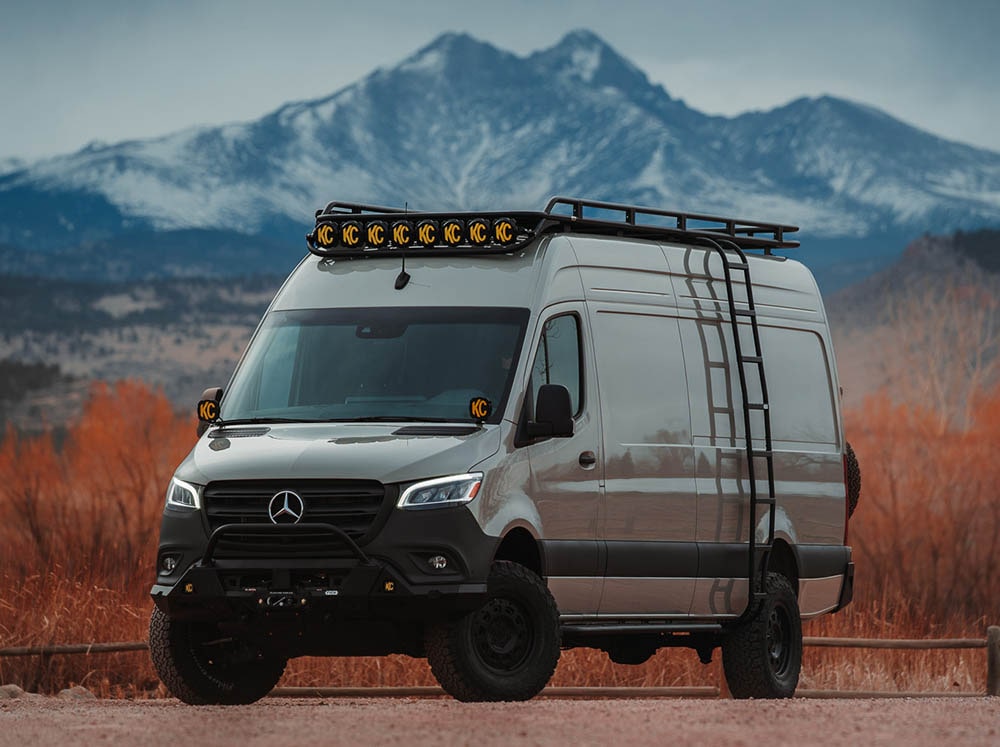 Flatline Wheel Wrap Side Ladder with Safari roof rack on a Sprinter