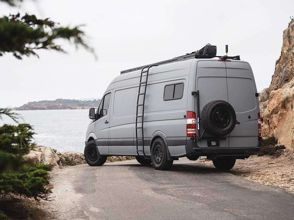 Grey Mercedes Sprinter high roof with Flatline Side Ladder