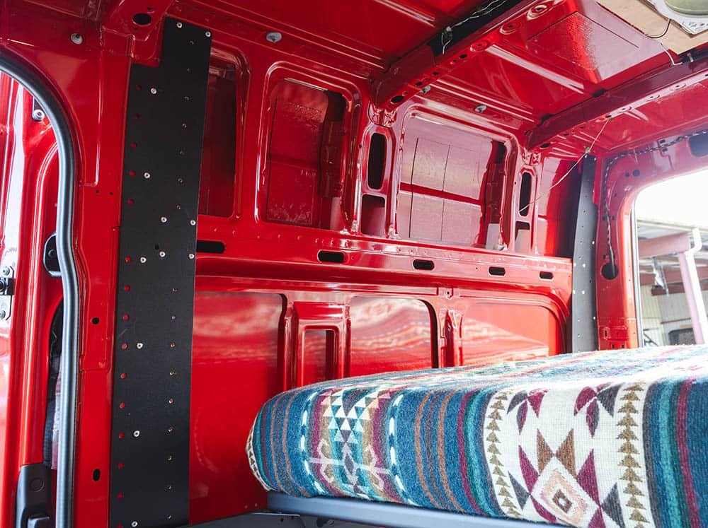 Sprinter van interior with Flatline bed brackets and bed installed