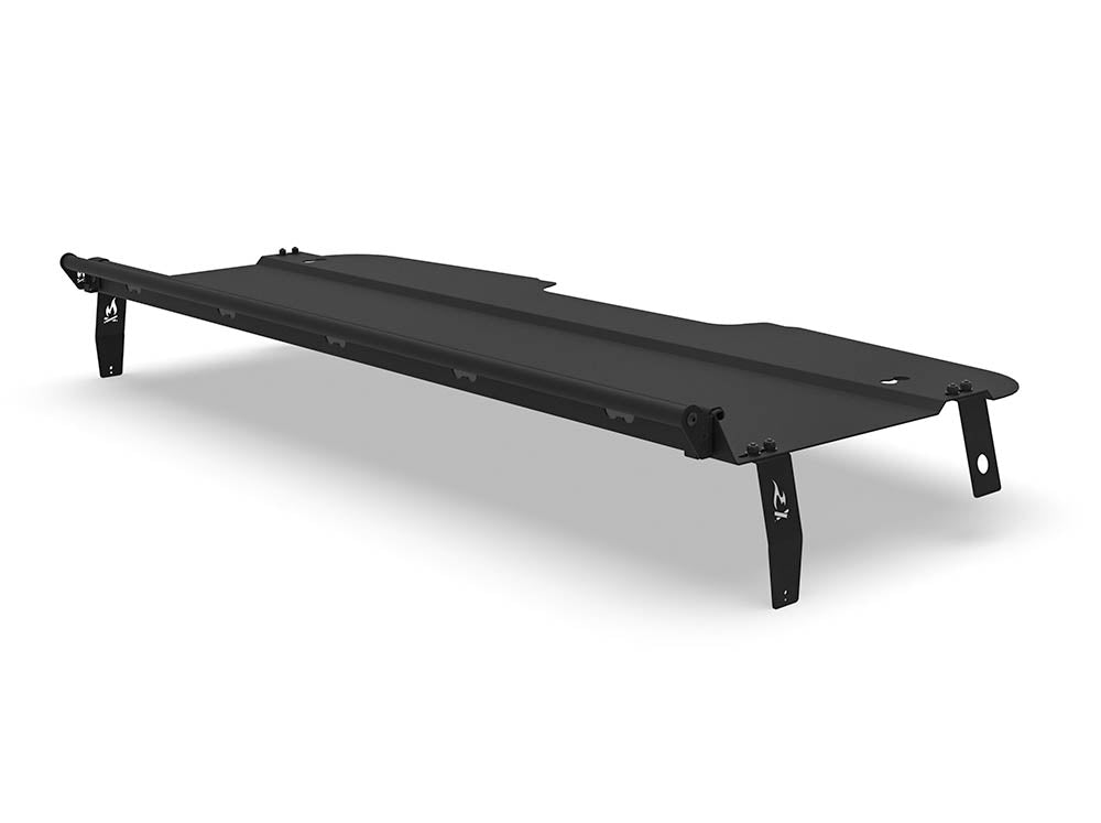 Flatline Van Co. Headliner Shelf with black curtain rod installed above the cab of a 2019+ Mercedes Sprinter (SP5024B)